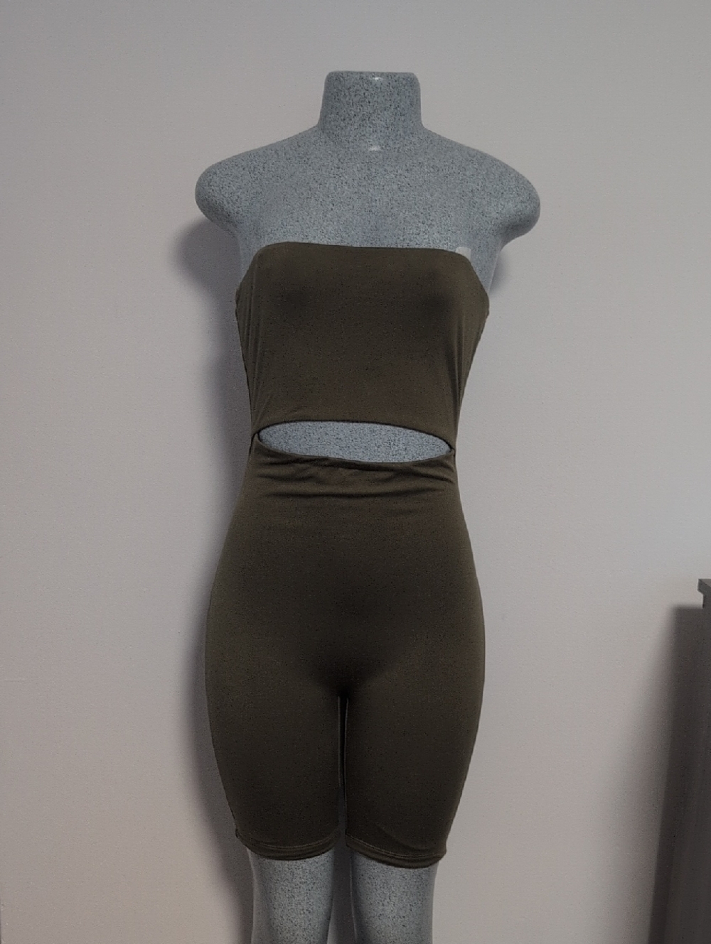 S Olive Green Strapless Cutout Bodysuit Romper REVAMPED